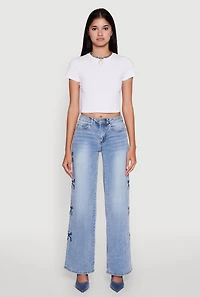 Womens Madden Girl Mineral Wash Embroidered Bow Side Jeans, Blue, Size 1