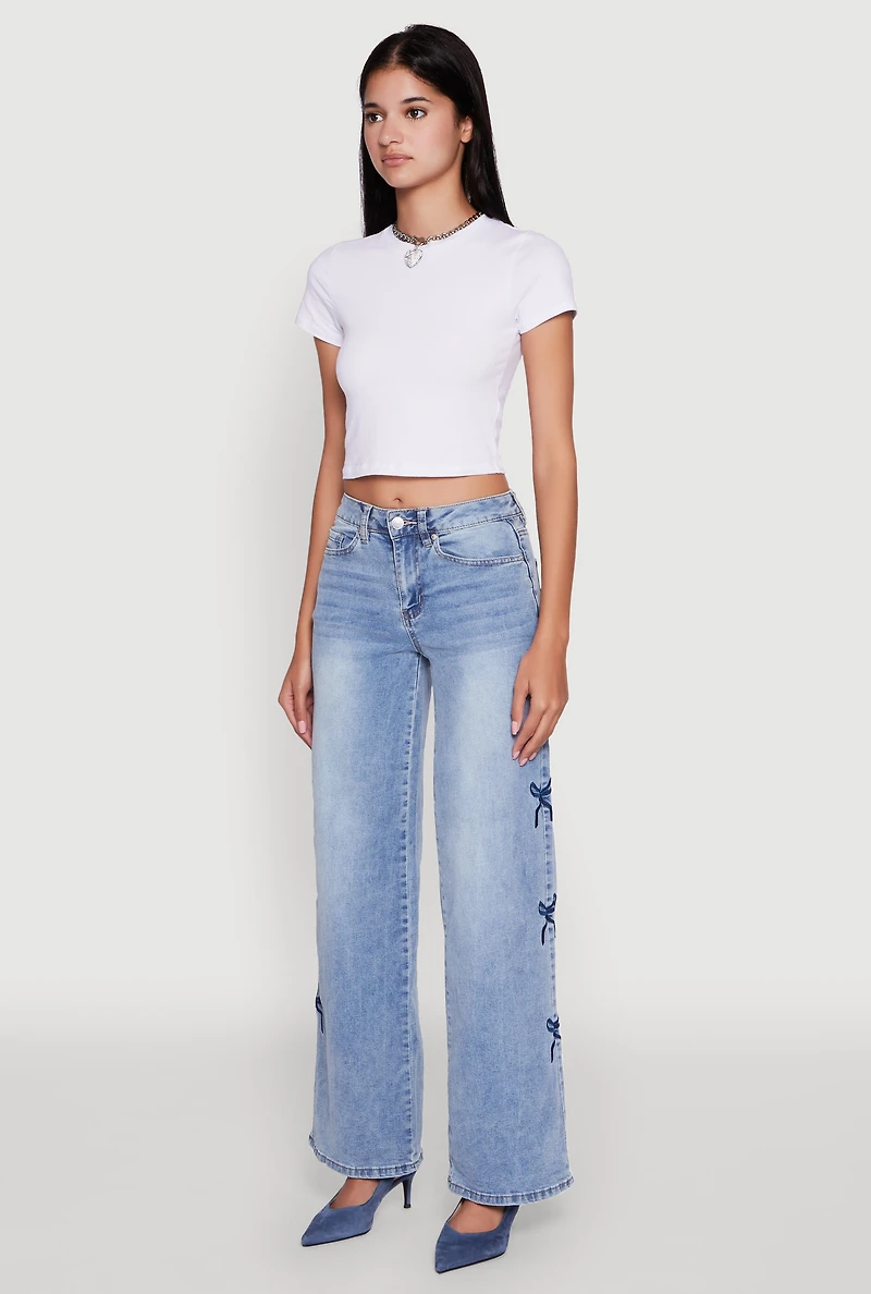 Womens Madden Girl Mineral Wash Embroidered Bow Side Jeans, Blue, Size 1