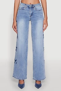 Womens Madden Girl Mineral Wash Embroidered Bow Side Jeans, Blue, Size 1