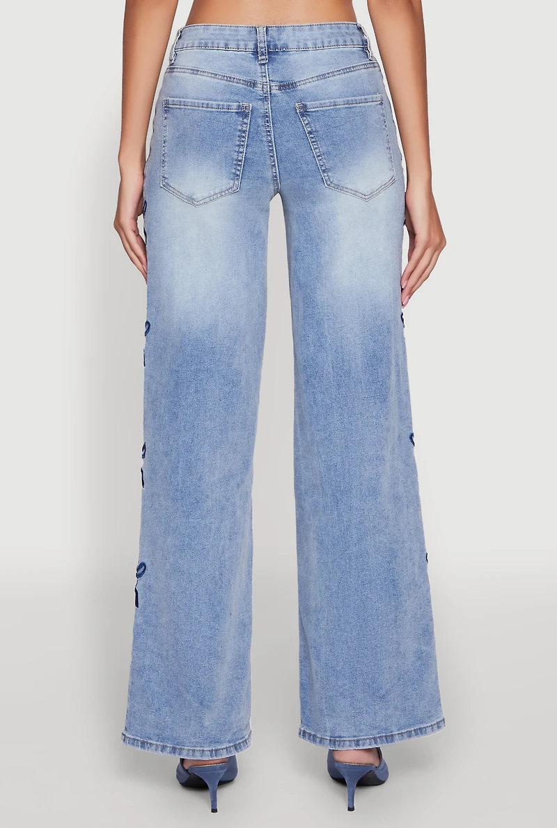 Womens Madden Girl Mineral Wash Embroidered Bow Side Jeans, Blue, Size 1