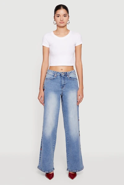 Almost Famous Wide Leg Jeans with Cherry Embroidery