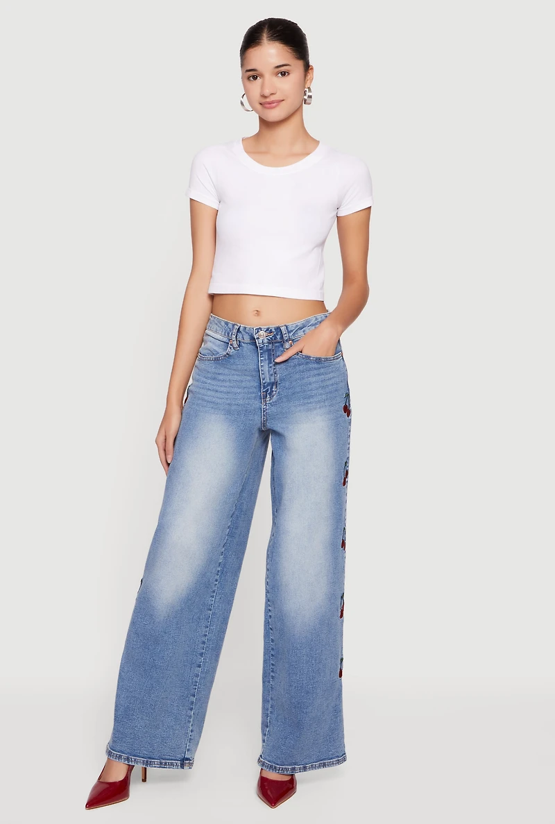 Almost Famous Wide Leg Jeans with Cherry Embroidery