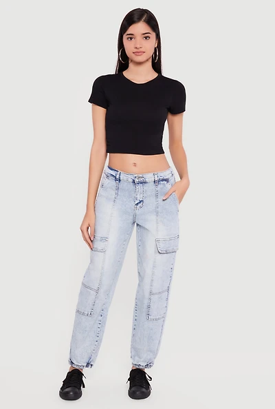 Acid Wash Denim Joggers with Cargo Pockets