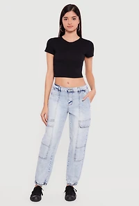 Acid Wash Denim Joggers with Cargo Pockets