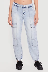 Acid Wash Denim Joggers with Cargo Pockets