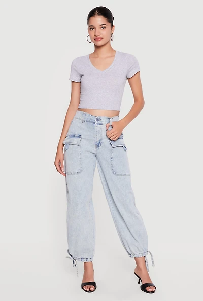 High Waisted Drawstring Hem Denim Cargo Joggers