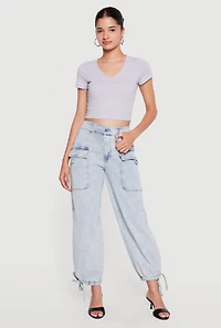 High Waisted Drawstring Hem Denim Cargo Joggers