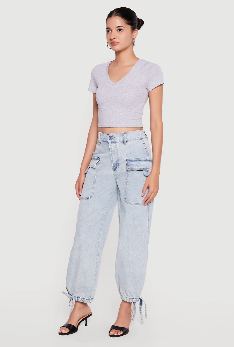 High Waisted Drawstring Hem Denim Cargo Joggers