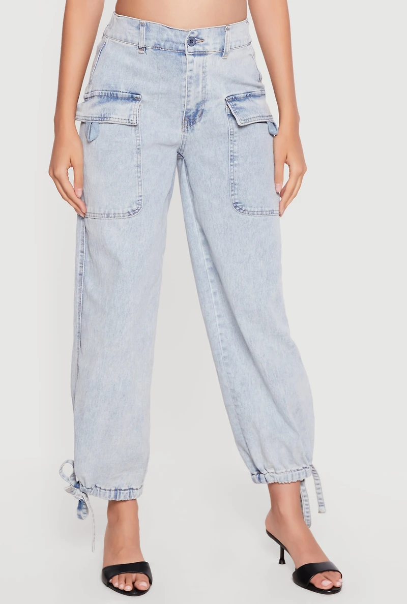 High Waisted Drawstring Hem Denim Cargo Joggers