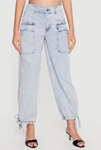 High Waisted Drawstring Hem Denim Cargo Joggers