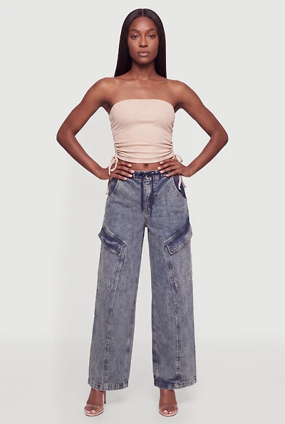 Acid Wash Wide Leg Drawstring Waist Cargo Jeans