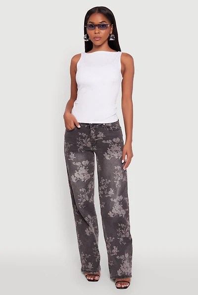 Womens Floral Mid Rise Wide Leg Jeans, Grey,