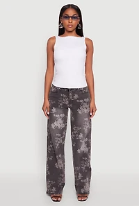 Womens Floral Mid Rise Wide Leg Jeans, Grey,