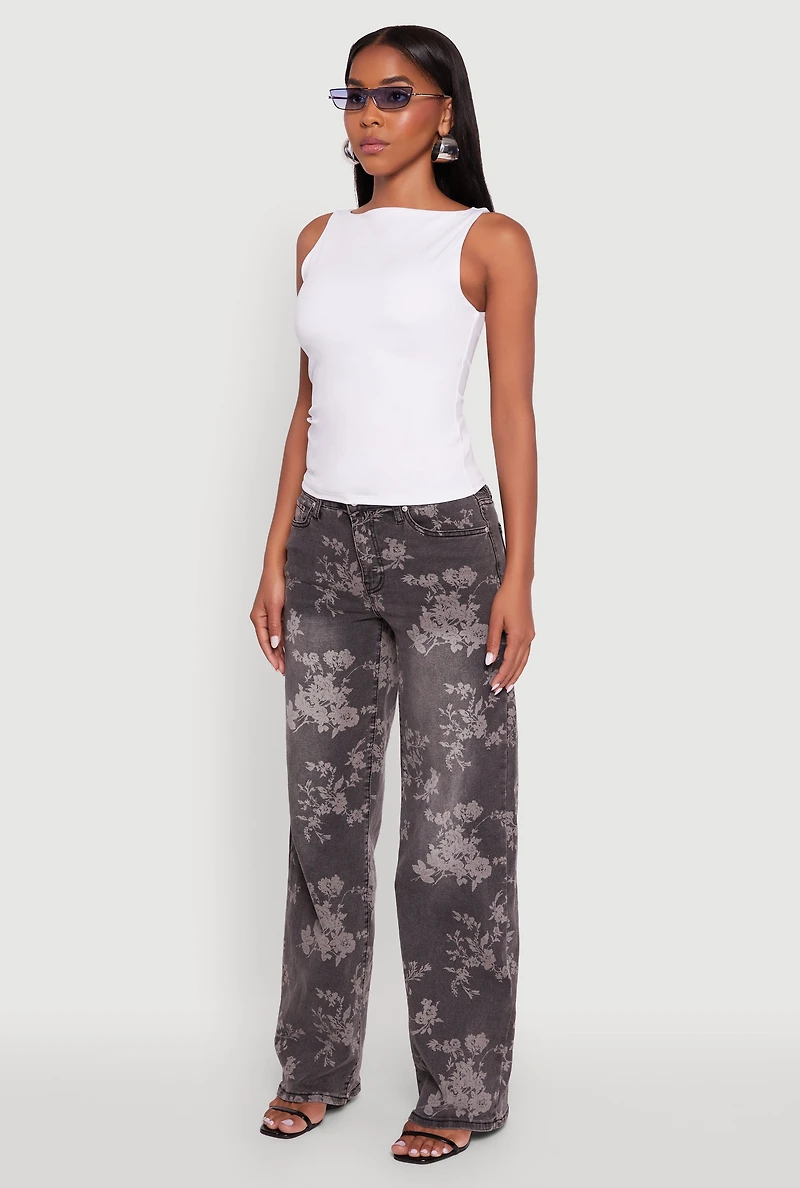 Womens Floral Mid Rise Wide Leg Jeans, Grey,