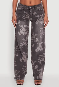 Womens Floral Mid Rise Wide Leg Jeans, Grey,