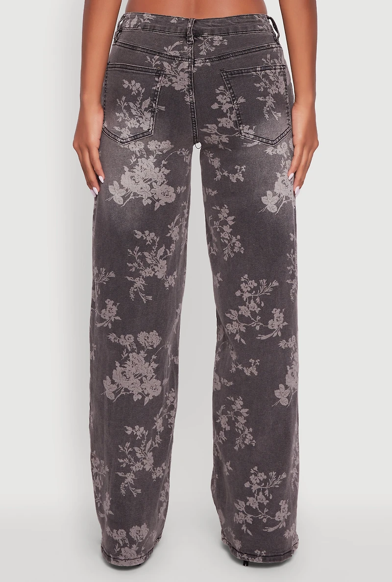 Womens Floral Mid Rise Wide Leg Jeans, Grey, Size 5