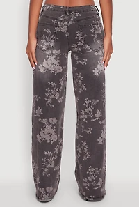 Womens Floral Mid Rise Wide Leg Jeans, Grey, Size 5