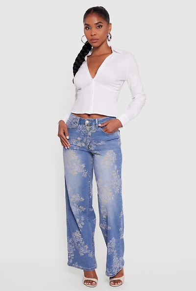Womens Floral Mid Rise Wide Leg Jeans,