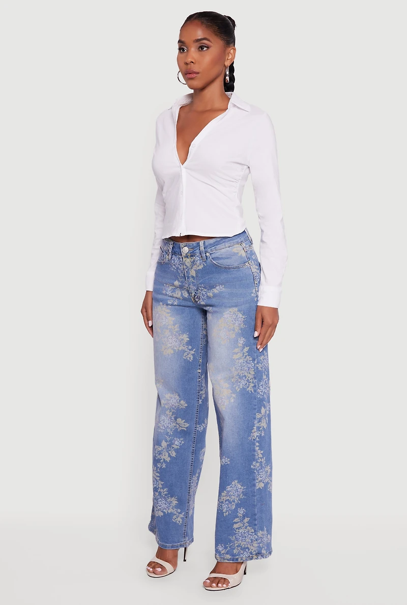 Womens Floral Mid Rise Wide Leg Jeans,