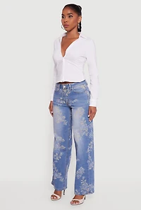 Womens Floral Mid Rise Wide Leg Jeans,