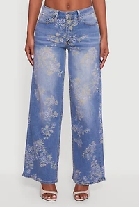 Womens Floral Mid Rise Wide Leg Jeans,