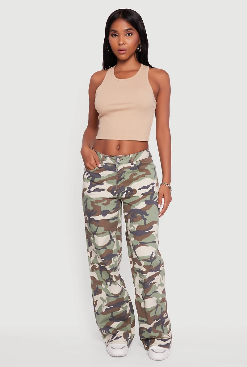 Womens Camouflage Wide Leg Jeans, Green,