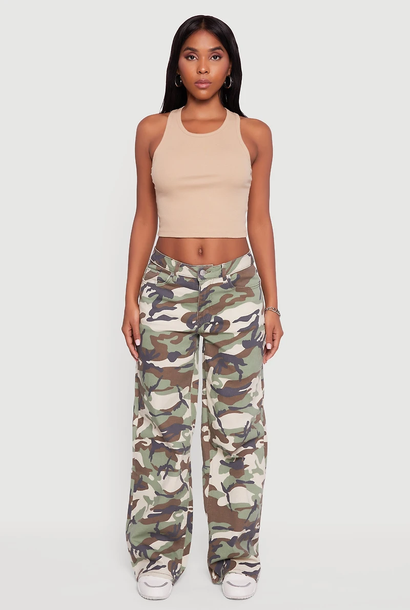 Womens Camouflage Wide Leg Jeans, Green,