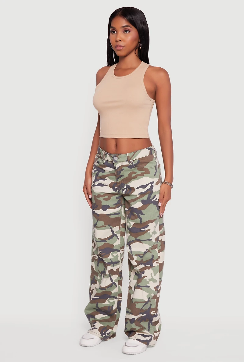 Womens Camouflage Wide Leg Jeans, Green,