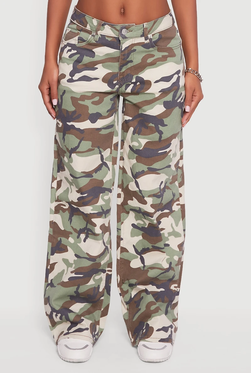 Womens Camouflage Wide Leg Jeans, Green,
