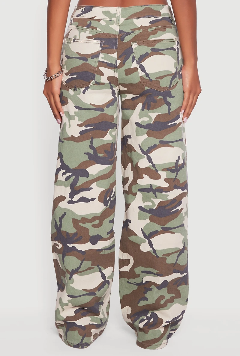 Womens Camouflage Wide Leg Jeans, Green,