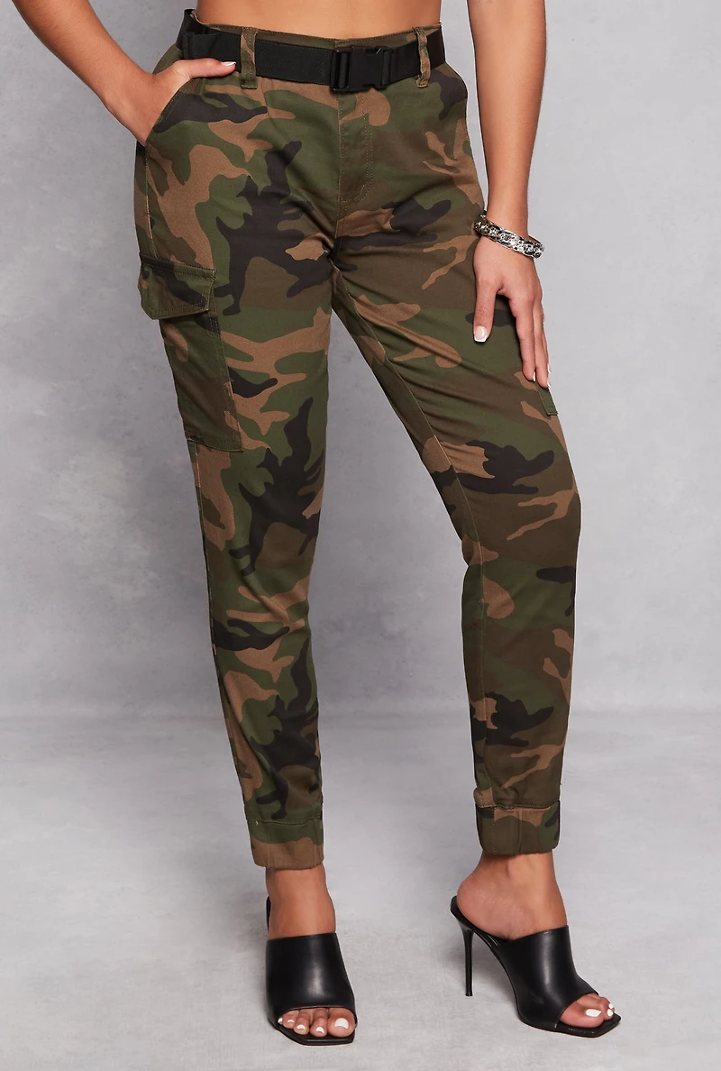 Womens Almost Famous Belted Cargo Joggers, Green, Size S