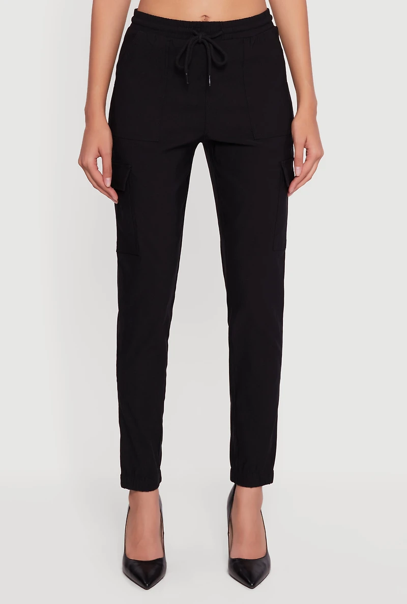 Womens Almost Famous High Waisted Tapered Leg Cargo Pants, Black, Size M