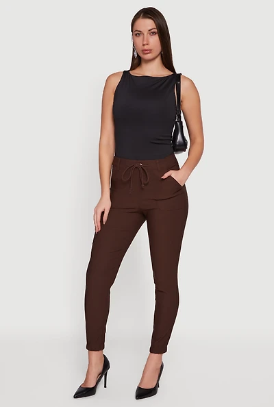 Womens Almost Famous Stretch Tapered Leg Pants with Pockets, Brown, Size S