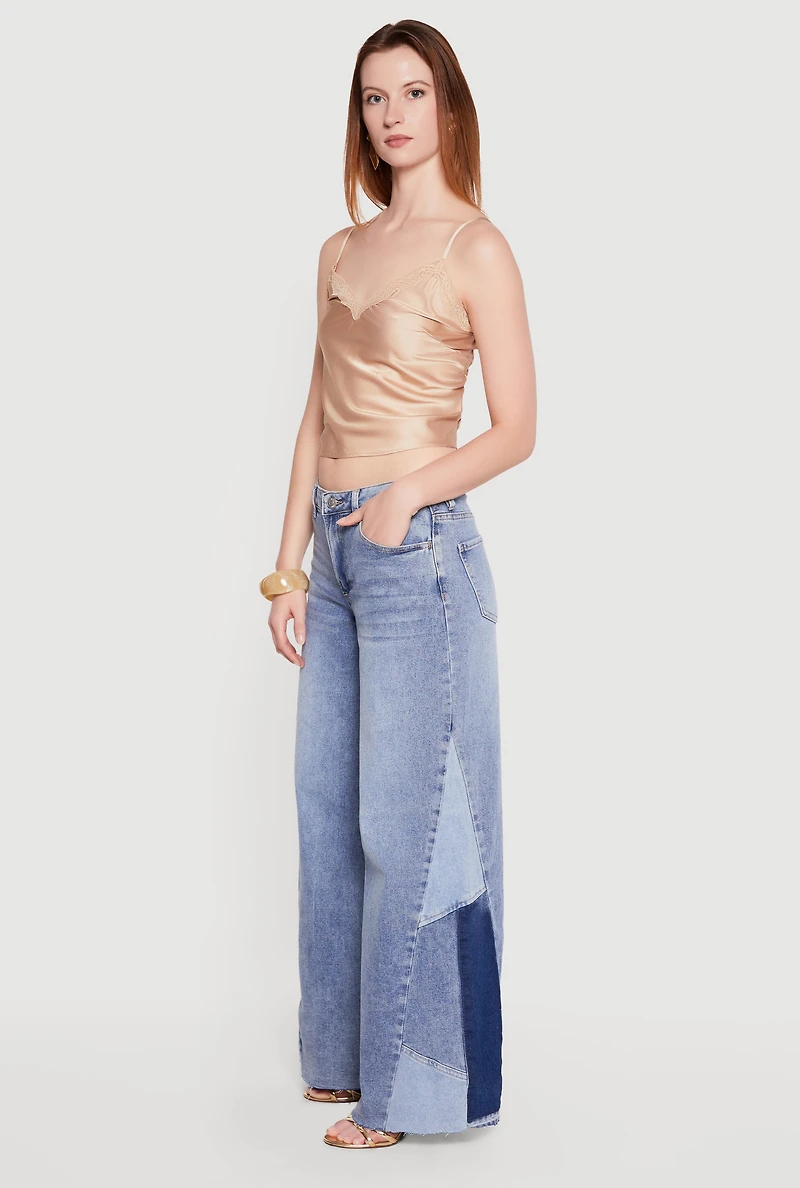 Color Blocked Whiskered Wide Leg Jeans