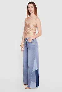 Color Blocked Whiskered Wide Leg Jeans