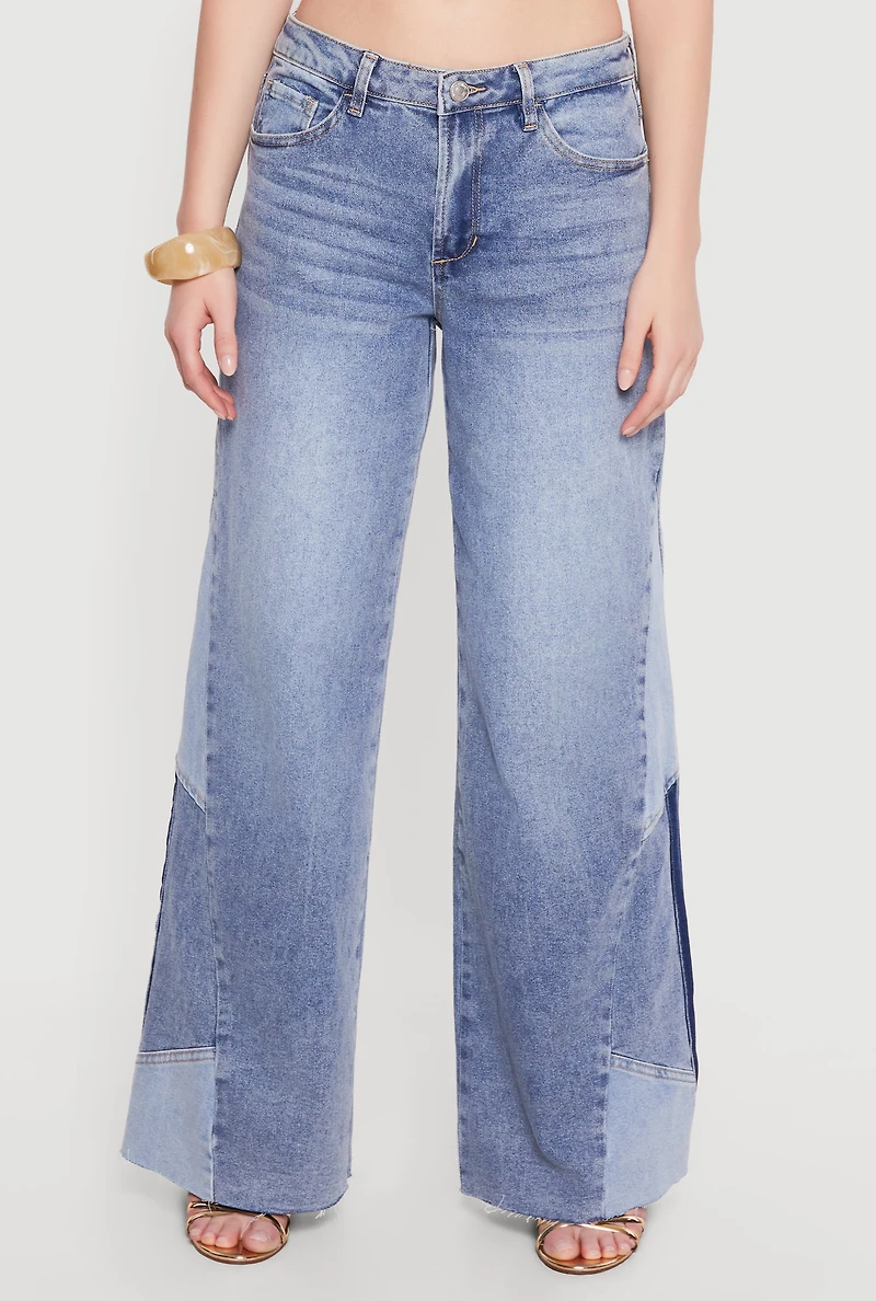 Color Blocked Whiskered Wide Leg Jeans