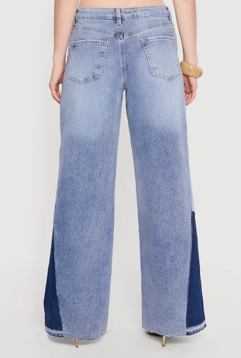 Color Blocked Whiskered Wide Leg Jeans