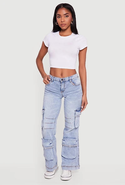 Stone Wash Cargo Pocket Flare Leg Jeans