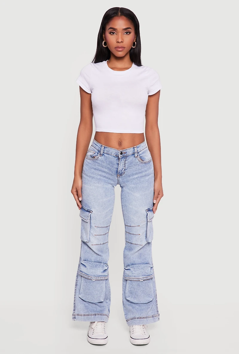 Stone Wash Cargo Pocket Flare Leg Jeans