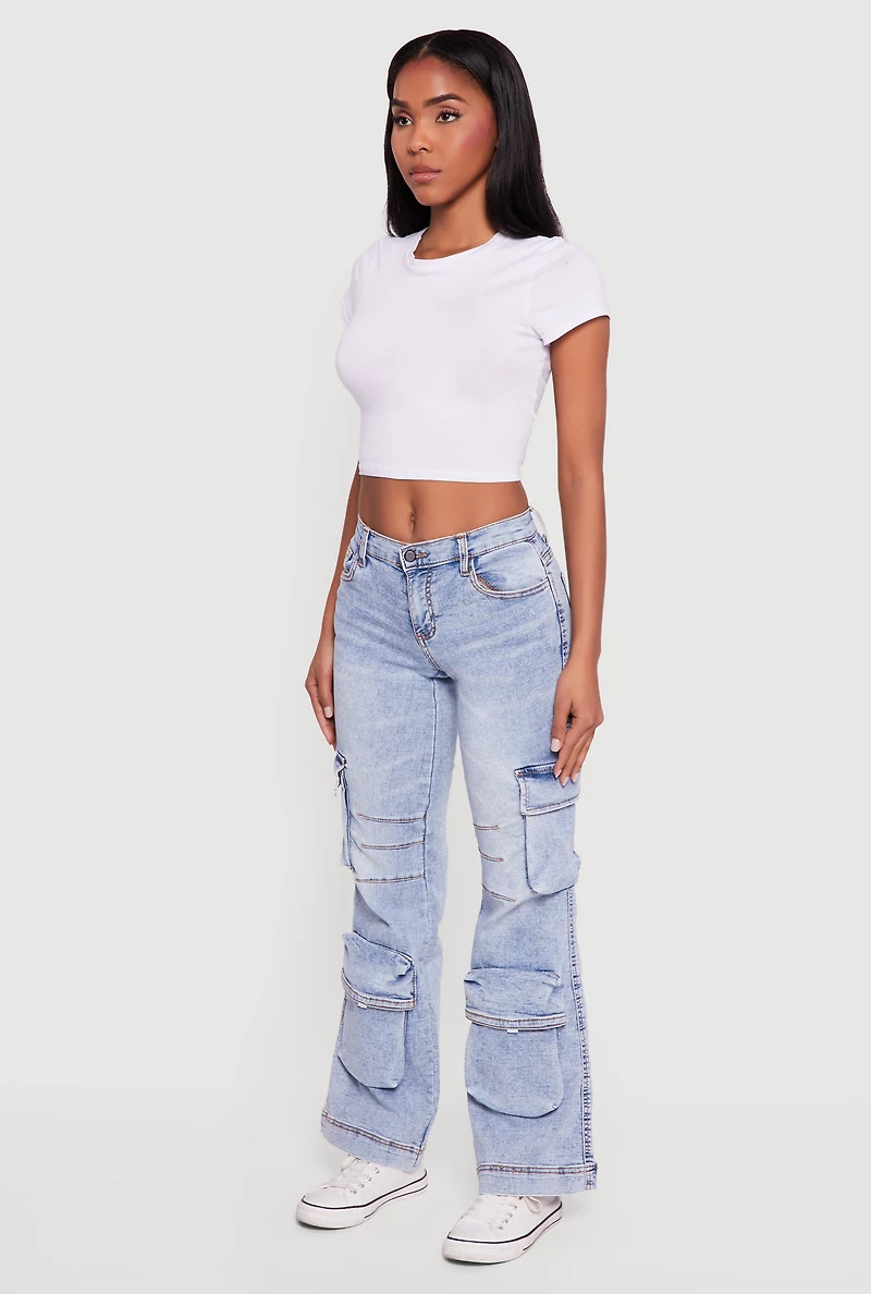 Stone Wash Cargo Pocket Flare Leg Jeans