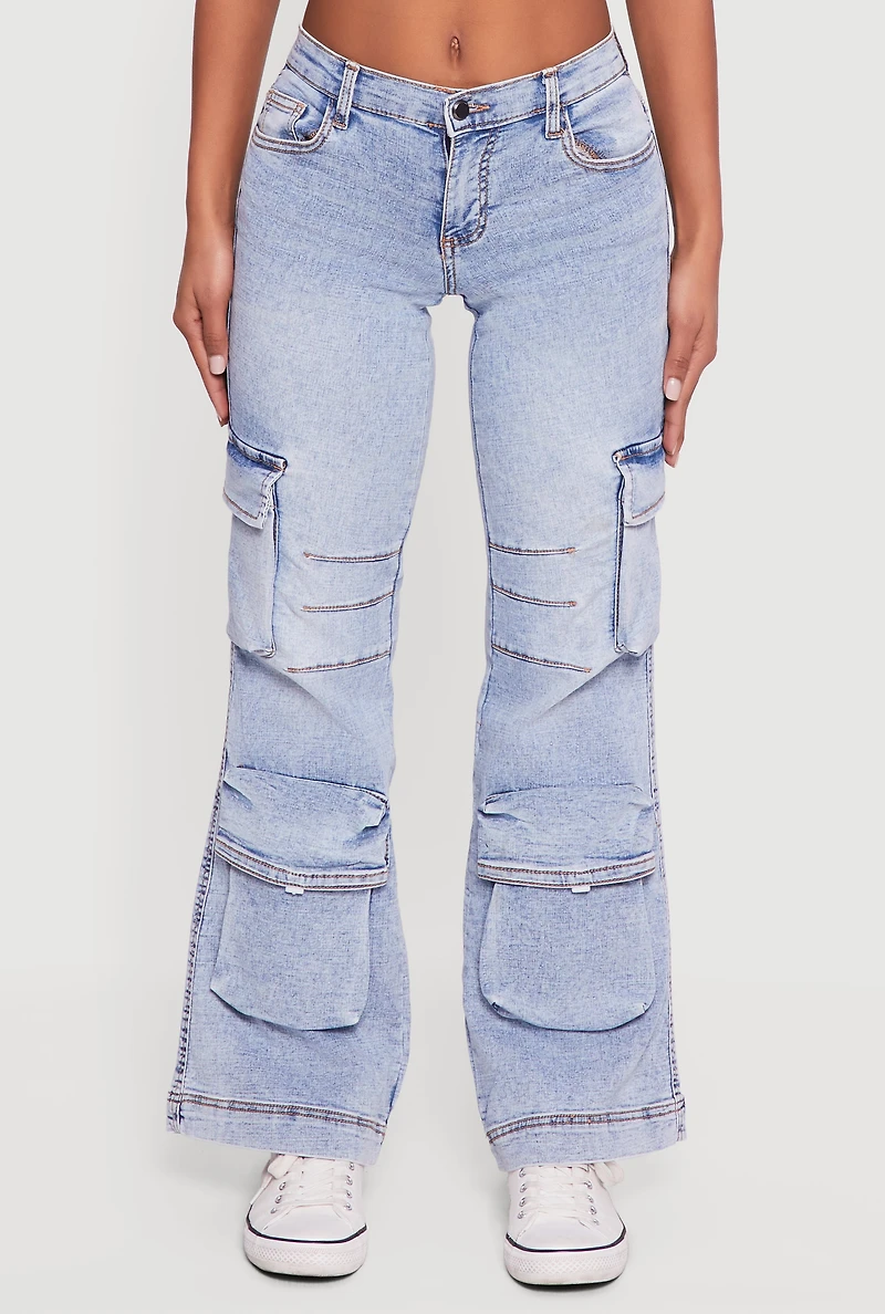 Womens Stone Wash Cargo Pocket Flare Leg Jeans, Blue, Size 1