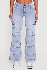 Womens Stone Wash Cargo Pocket Flare Leg Jeans, Blue, Size 1