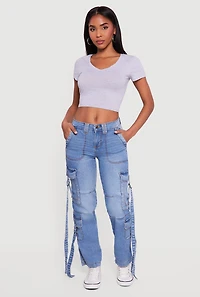 Whiskered Mid Rise Straight Leg Cargo Pocket Jeans