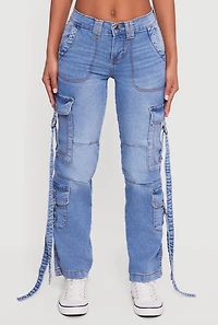 Whiskered Mid Rise Straight Leg Cargo Pocket Jeans
