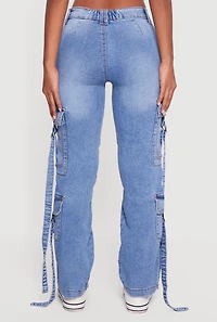 Whiskered Mid Rise Straight Leg Cargo Pocket Jeans