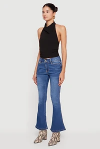 Womens Cell Phone Pocket Mid Rise Stretchy Flare Leg Jeans, Blue,