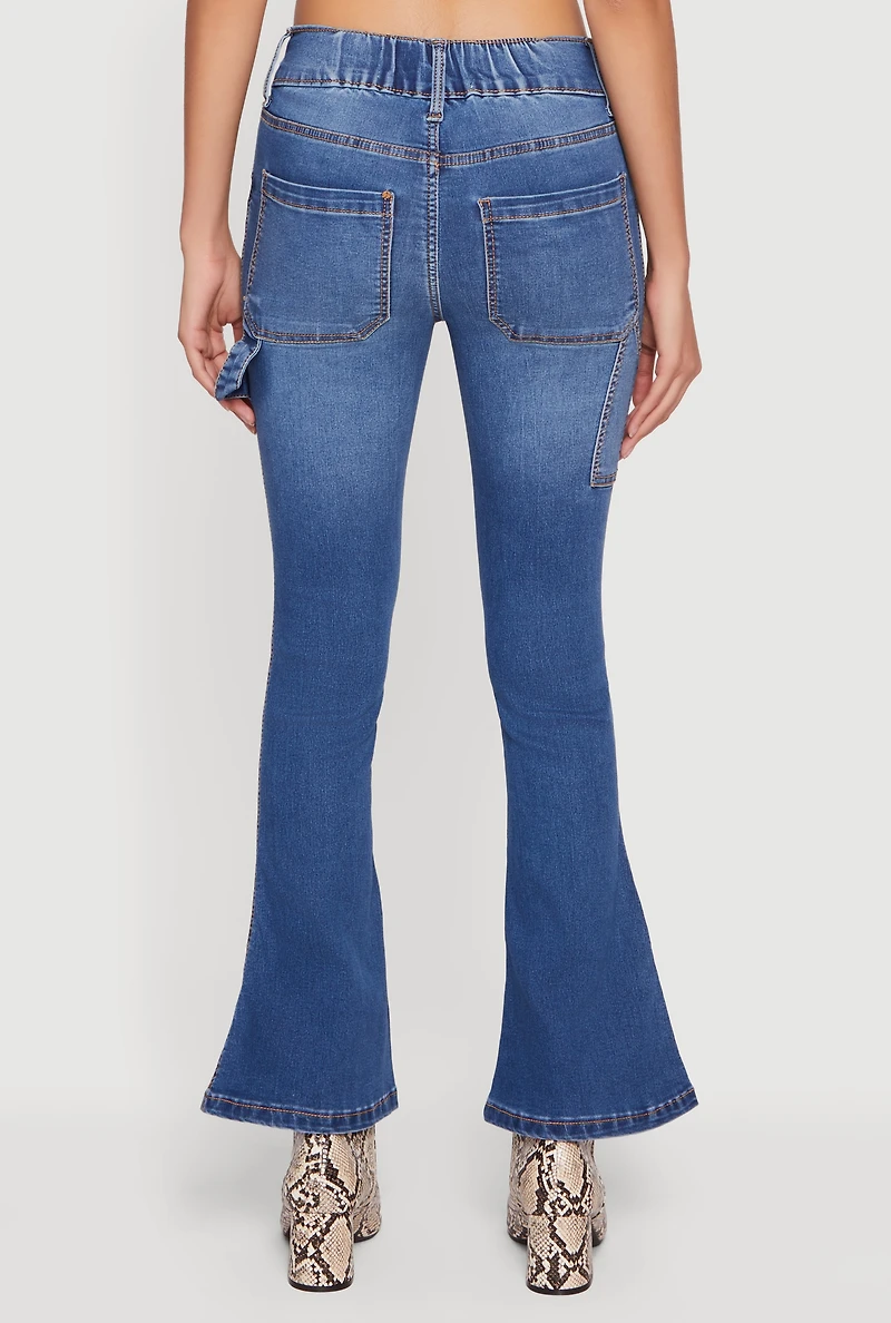 Womens Cell Phone Pocket Mid Rise Stretchy Flare Leg Jeans, Blue,