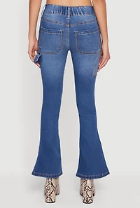 Womens Cell Phone Pocket Mid Rise Stretchy Flare Leg Jeans, Blue,