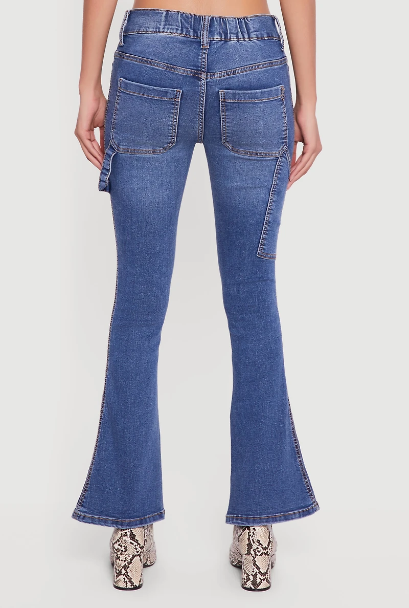 Womens Cell Phone Pocket Mid Rise Stretchy Flare Leg Jeans, Blue,