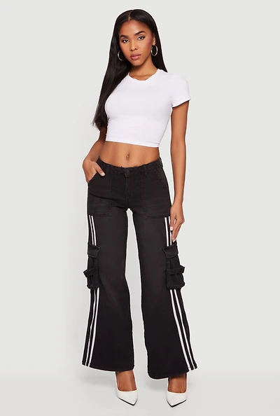 Varsity Stripe Cargo Pocket Flare Leg Jeans